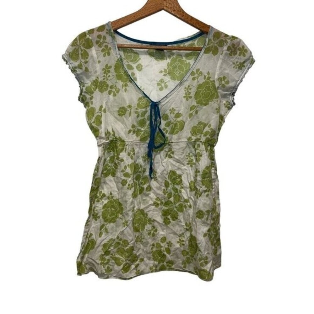 Y2K Lucky Brand Womens XS Green Floral V-Neck Cotton Blouse